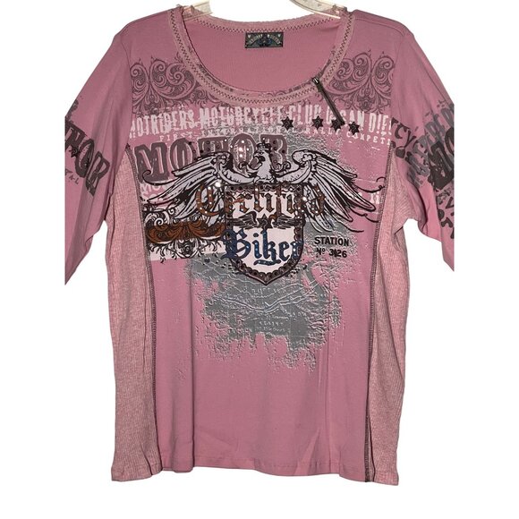 Vanilla Sugar Tops - Vanilla Sugar Top 1X Pink Motorcycle  Sequin Ribbed 3/4 Sleeve Y2K Chic USA